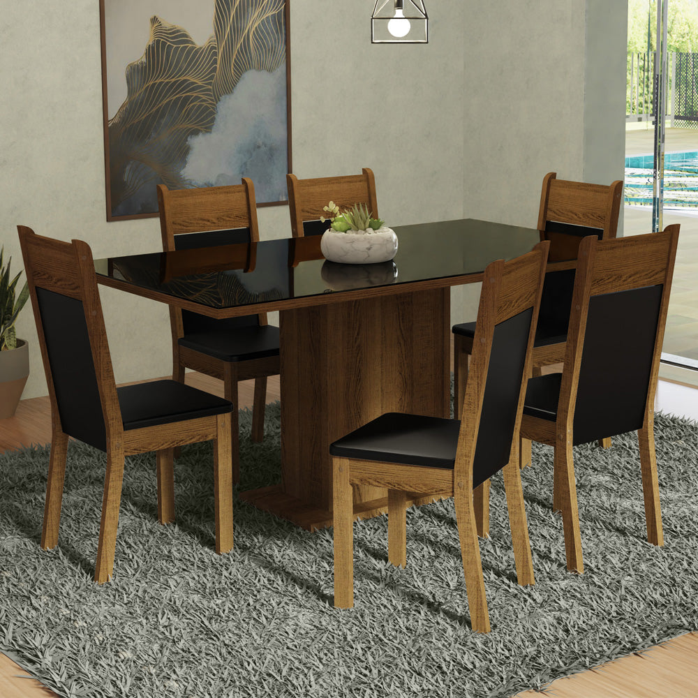 Juego de Comedor Mesa con Encimera de Vidrio 6 Sillas Negro/Marrón Francine