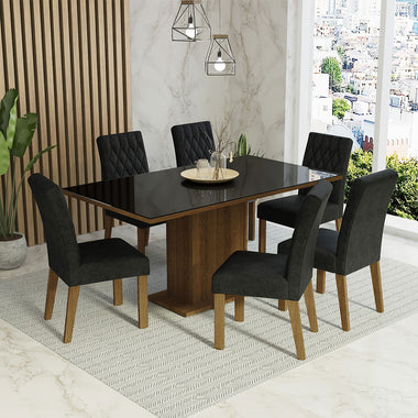 Conjunto de Comedor con Encimera Vidrio 6 Sillas Marrón/Negro/Oxford Geórgia Madesa