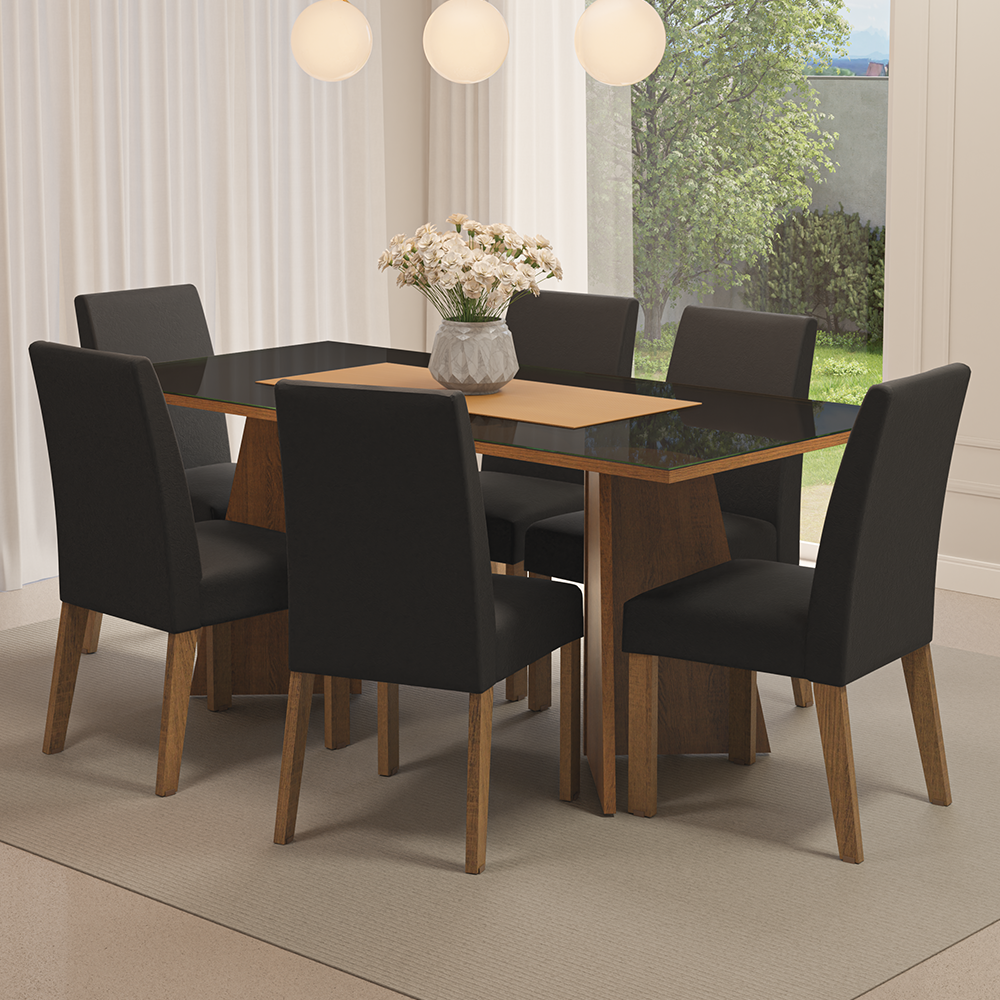 Conjunto de Comedor con Encimera Vidrio 6 Sillas Marrón/Negro/Oxford Valerie Madesa