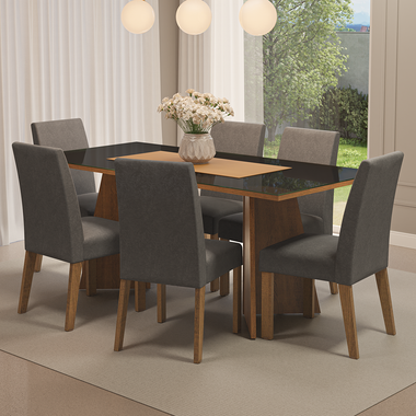 Conjunto de Comedor con Encimera Vidrio 6 Sillas Marrón/Negro/Silver Valerie Madesa