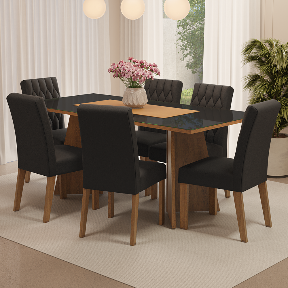 Conjunto de Comedor con Encimera Vidrio 6 Sillas Marrón/Negro/Oxford Marissa Madesa