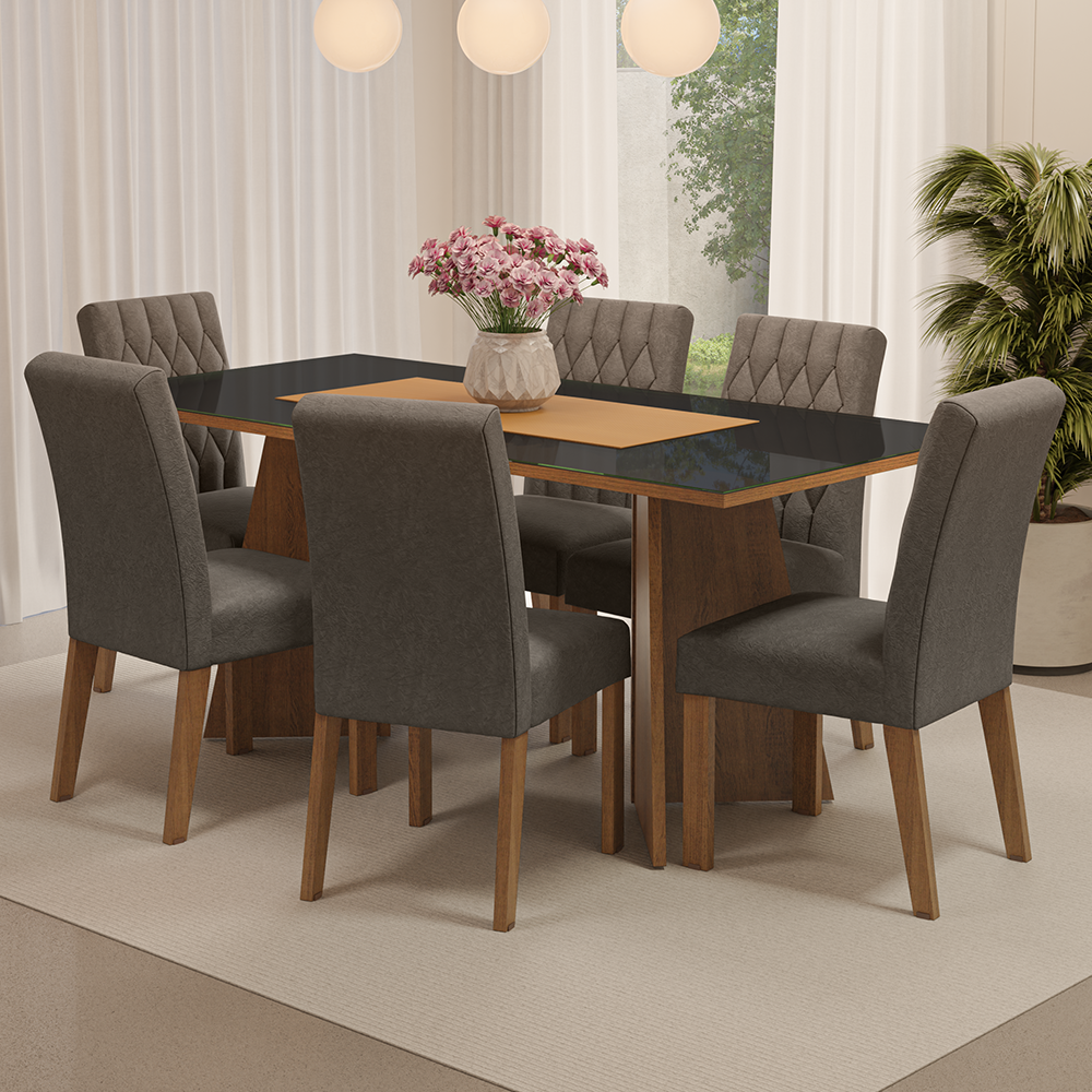 Conjunto de Comedor con Encimera Vidrio 6 Sillas Marrón/Negro/Silver Marissa Madesa