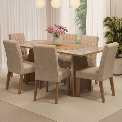 Conjunto de Comedor con Encimera Vidrio 6 Sillas Marrón/Crema/Imperial Marissa Madesa