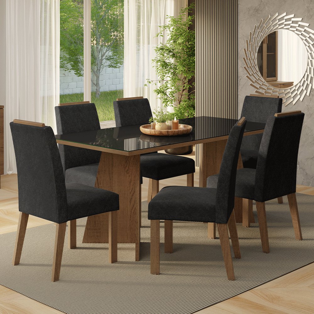 Juego de Comedor Encimera de Vidrio 6 Sillas Marrón/Negro/Oxford Amalfi Madesa