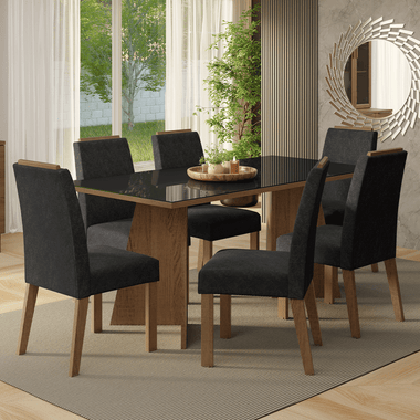 Conjunto de Comedor con Encimera Vidrio 6 Sillas Marrón/Negro/Oxford Amalfi Madesa