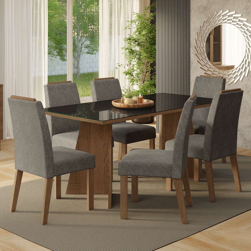 Juego de Comedor Encimera de Vidrio 6 Sillas Marrón/Negro/Silver Amalfi Madesa
