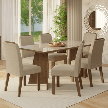 Conjunto de Comedor con Encimera Vidrio 6 Sillas Marrón/Crema/Imperial Amalfi Madesa