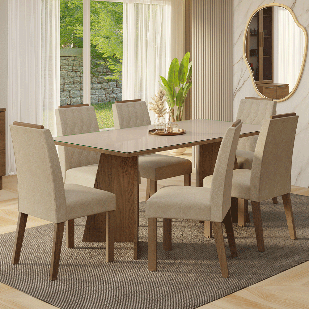 Juego de Comedor Encimera de Vidrio 6 Sillas Marrón/Crema/Imperial Siena Madesa