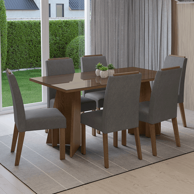 Conjunto de Comedor con Encimera Vidrio 6 Sillas Marrón/Silver Madrid Madesa