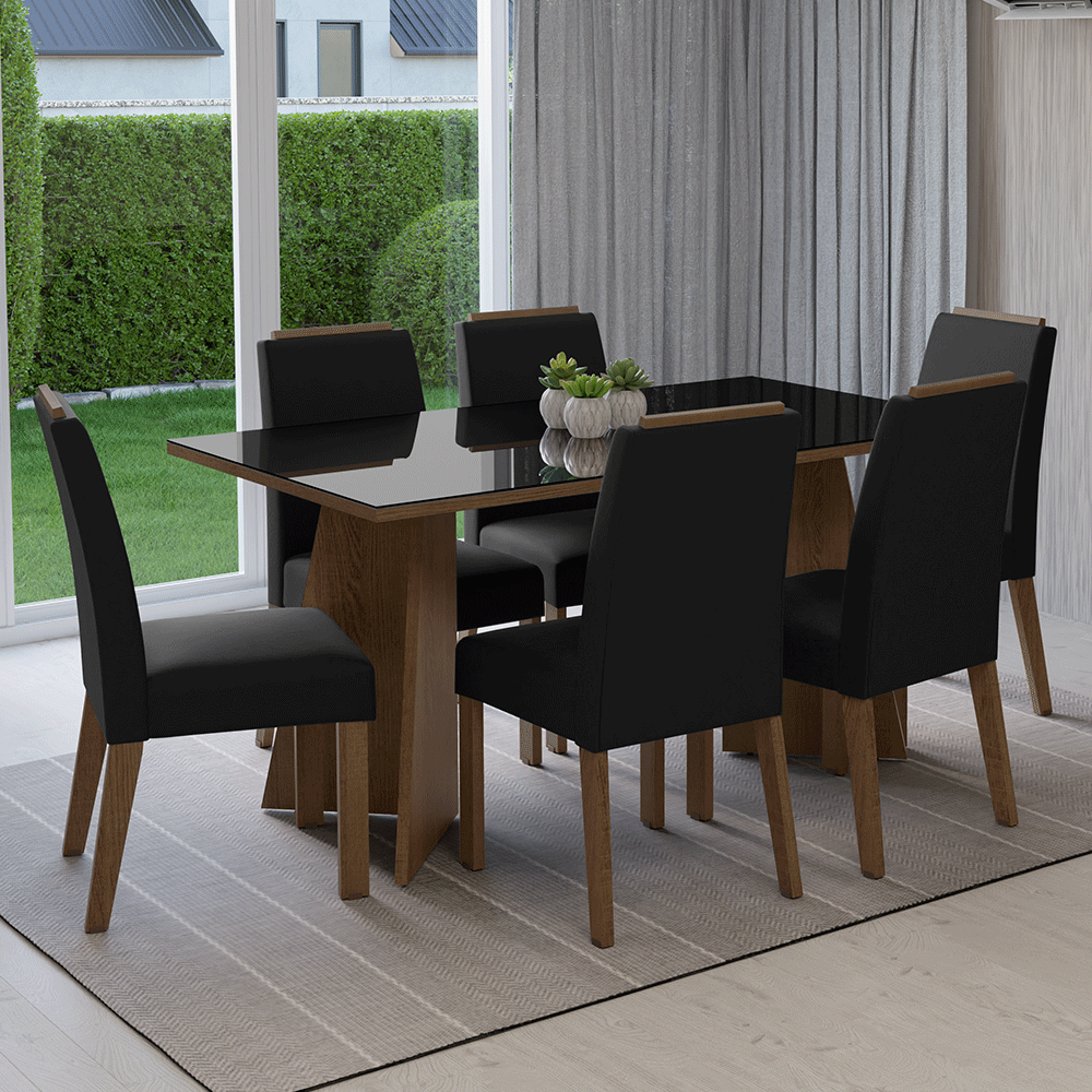 Conjunto de Comedor Encimera de Vidrio 6 Sillas Marrón/Negro/Oxford Madrid Madesa
