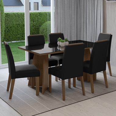 Conjunto de Comedor con Encimera Vidrio 6 Sillas Marrón/Negro/Oxford Madrid Madesa