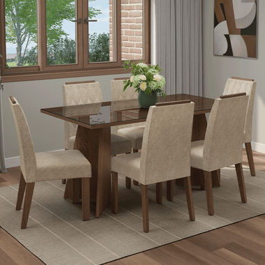 Conjunto de Comedor con Encimera Vidrio 6 Sillas Marrón/Imperial Sintra Madesa