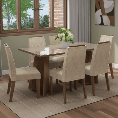 Conjunto de Comedor con Encimera Vidrio 6 Sillas Marrón/Crema/Imperial Sintra Madesa