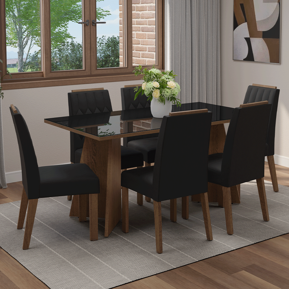 Conjunto de Comedor Encimera de Vidrio 6 Sillas Marrón/Negro/Oxford Sintra Madesa