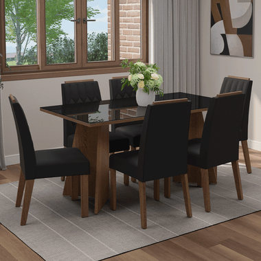 Conjunto de Comedor con Encimera Vidrio 6 Sillas Marrón/Negro/Oxford Sintra Madesa