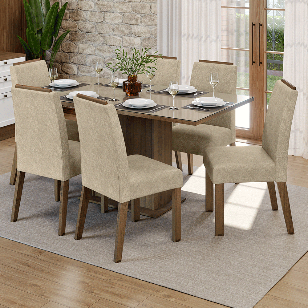 Conjunto de Comedor Encimera de Vidrio 6 Sillas Marrón/Crema/Imperial Dália Madesa