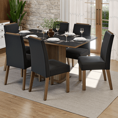 Conjunto de Comedor con Encimera Vidrio 6 Sillas Marrón/Negro/Oxford Dália Madesa