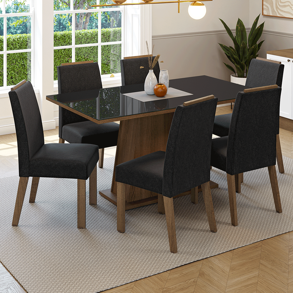 Conjunto de Comedor Encimera de Vidrio 6 Sillas Marrón/Negro/Oxford Tulipa Madesa