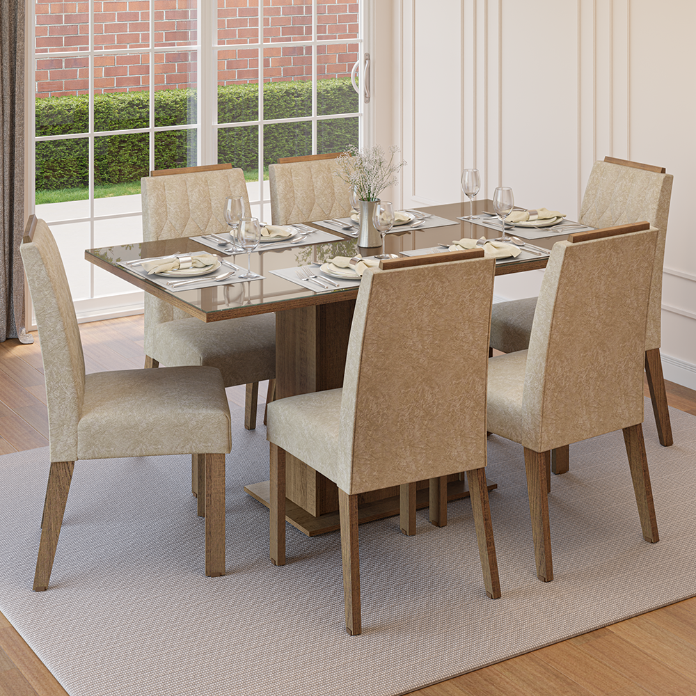 Conjunto de Comedor Encimera de Vidrio 6 Sillas Marrón/Imperial Azaleia Madesa