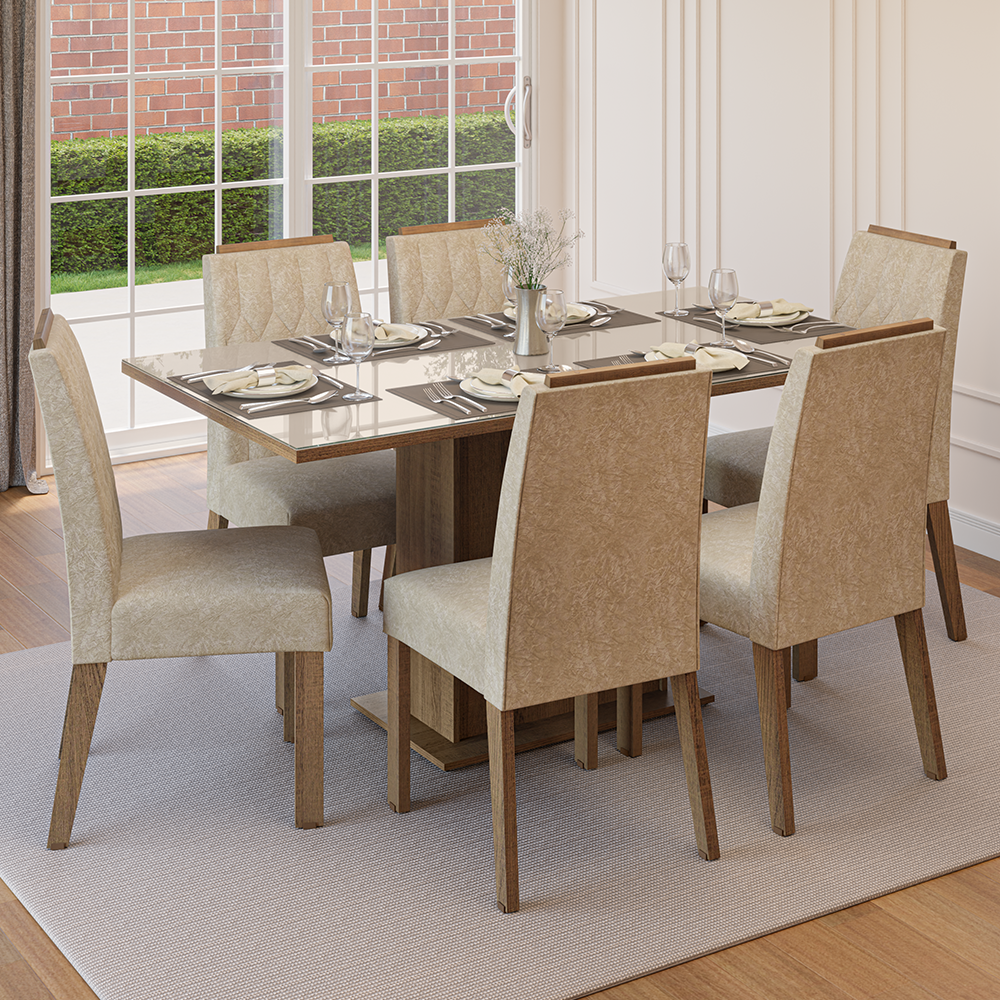 Conjunto de Comedor Encimera de Vidrio 6 Sillas Marrón/Crema/Imperial Azaleia Madesa