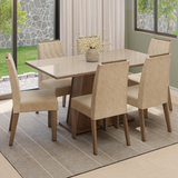 Conjunto de Comedor Encimera de Vidrio 6 Sillas Marrón/Crema/Imperial Peônia Madesa