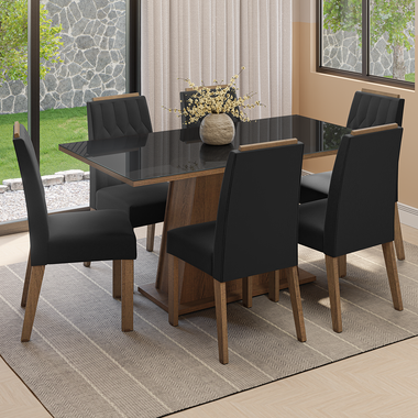Conjunto de Comedor con Encimera Vidrio 6 Sillas Marrón/Negro/Oxford Peônia Madesa