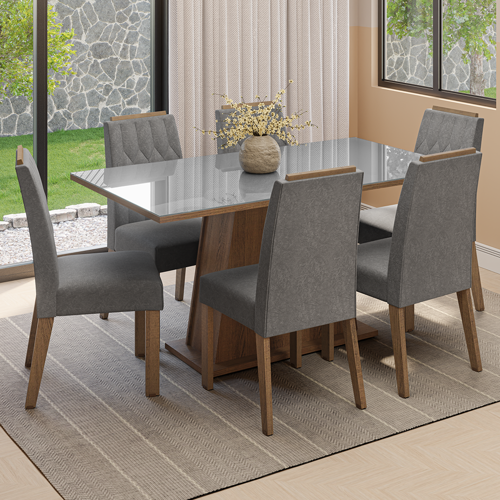 Conjunto de Comedor Encimera de Vidrio 6 Sillas Marrón/Gris/Silver Peônia Madesa