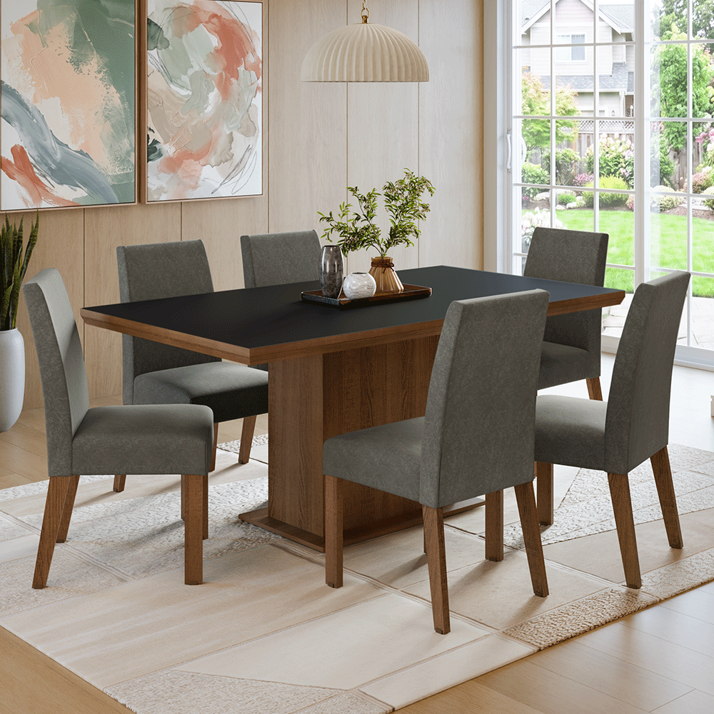 Conjunto de Comedor 6 Sillas Marrón/Negro/Silver Grasse Madesa