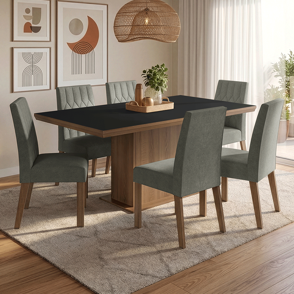 Conjunto de Comedor 6 Sillas Marrón/Negro/Silver Luso Madesa