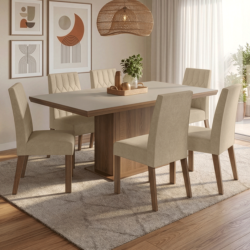 Conjunto de Comedor 6 Sillas Marrón/Crema/Imperial Luso Madesa