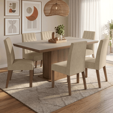 Conjunto de Comedor 6 Sillas Marrón/Crema/Imperial Luso Madesa