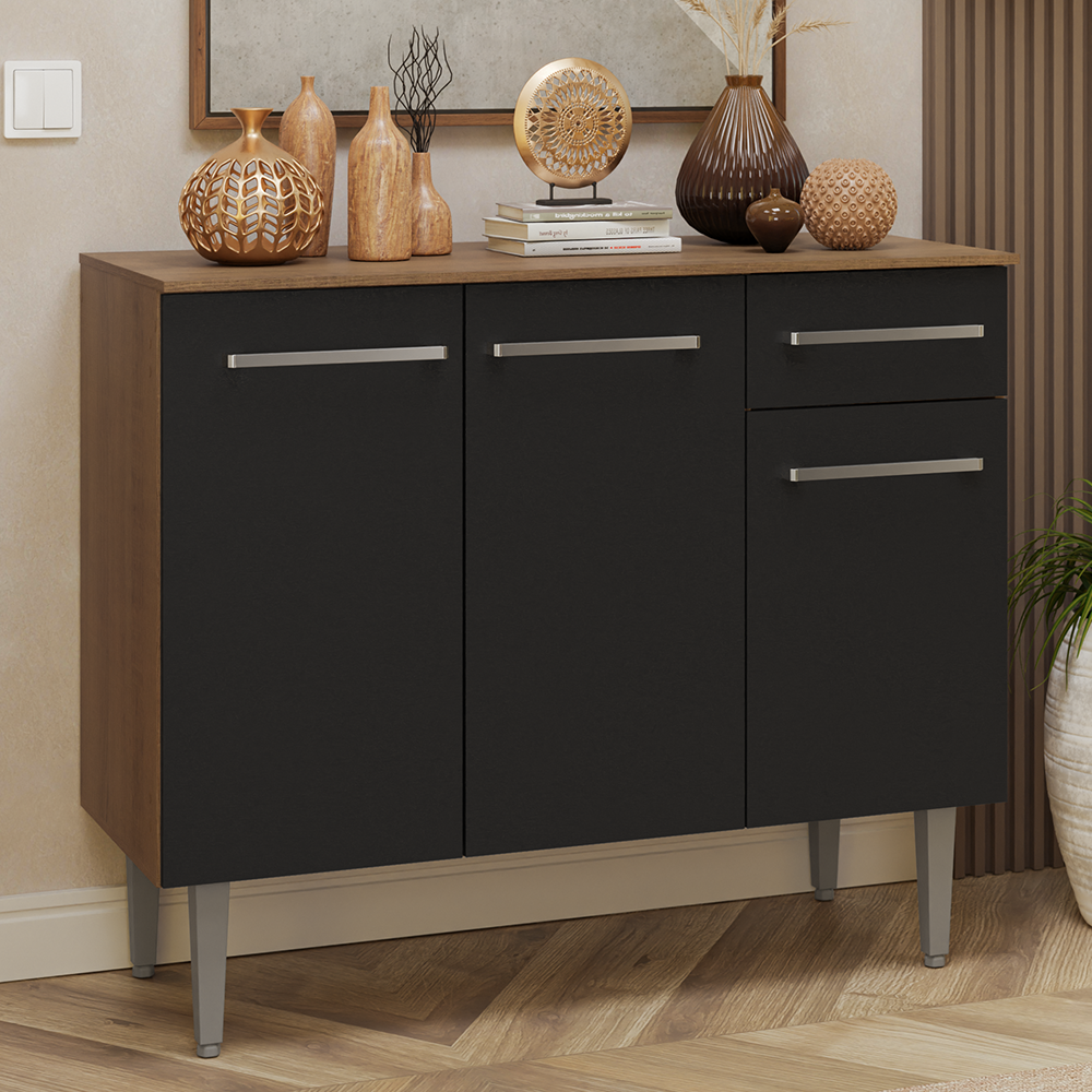 Credenza Bufetera 105cm 3 Puertas 1 Cajón Marrón/Negro