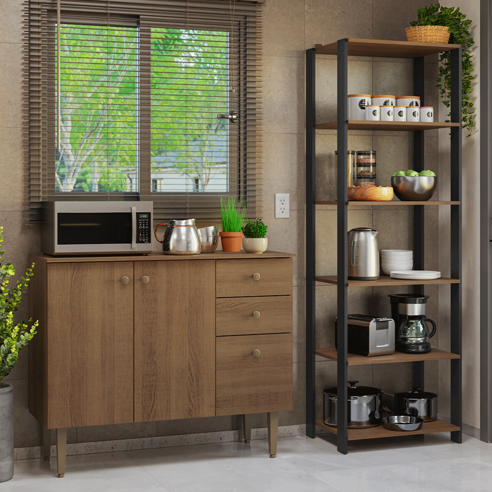 Kit Cocina Gabinete Bajo 3 Puertas 2 Cajones y Estante Despensero 5 Niveles Marrón/Negro