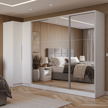 Kit Clóset Esquinero Modular y Clóset Matrimonial 3 Puertas Corredizas con 3 Espejos Blanco Neo Madesa