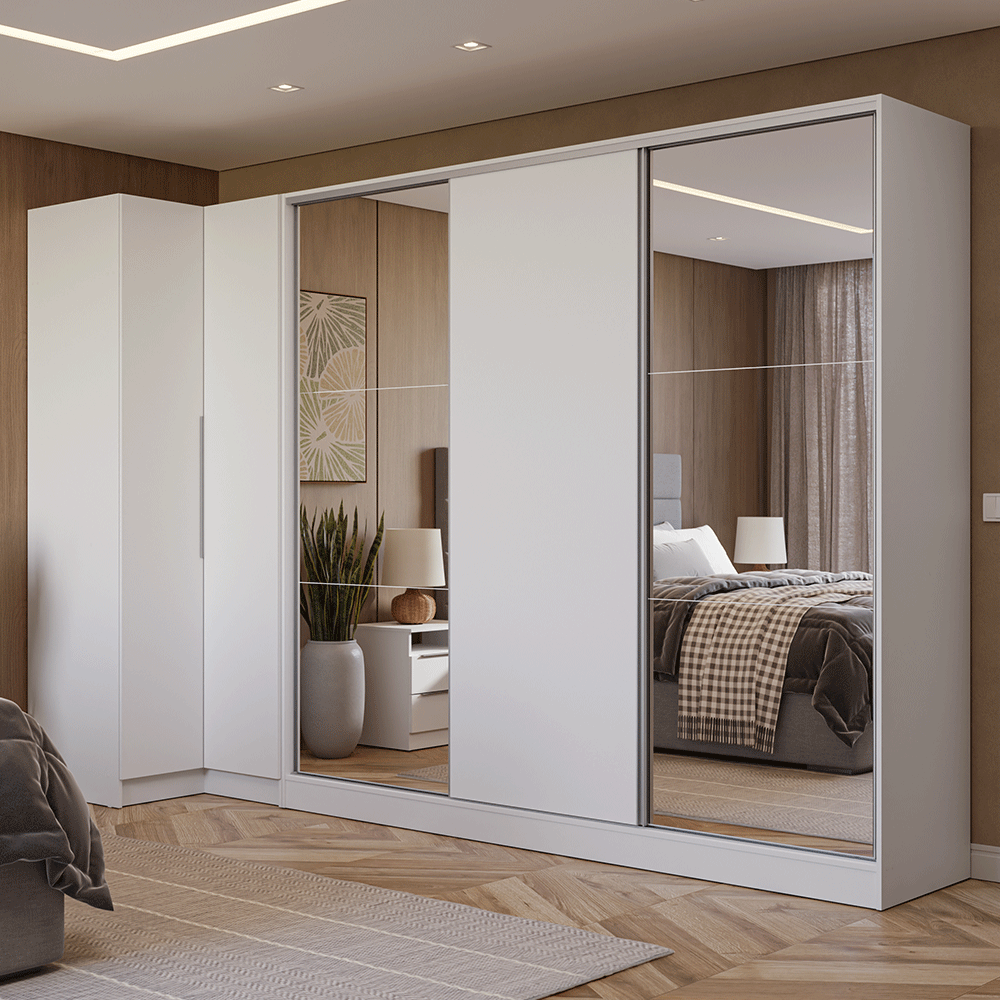 Kit Clóset Esquinero Modular y Clóset Matrimonial 3 Puertas Corredizas con 2 Espejos Blanco Neo Madesa