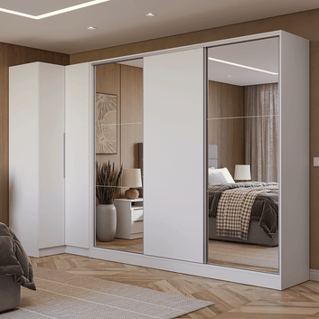 Kit Clóset Esquinero Modular y Clóset Matrimonial 3 Puertas Corredizas con 2 Espejos Blanco Neo Madesa