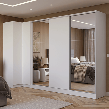 Kit Clóset Esquinero Modular y Clóset Matrimonial 3 Puertas Corredizas con 2 Espejos Blanco Neo Madesa