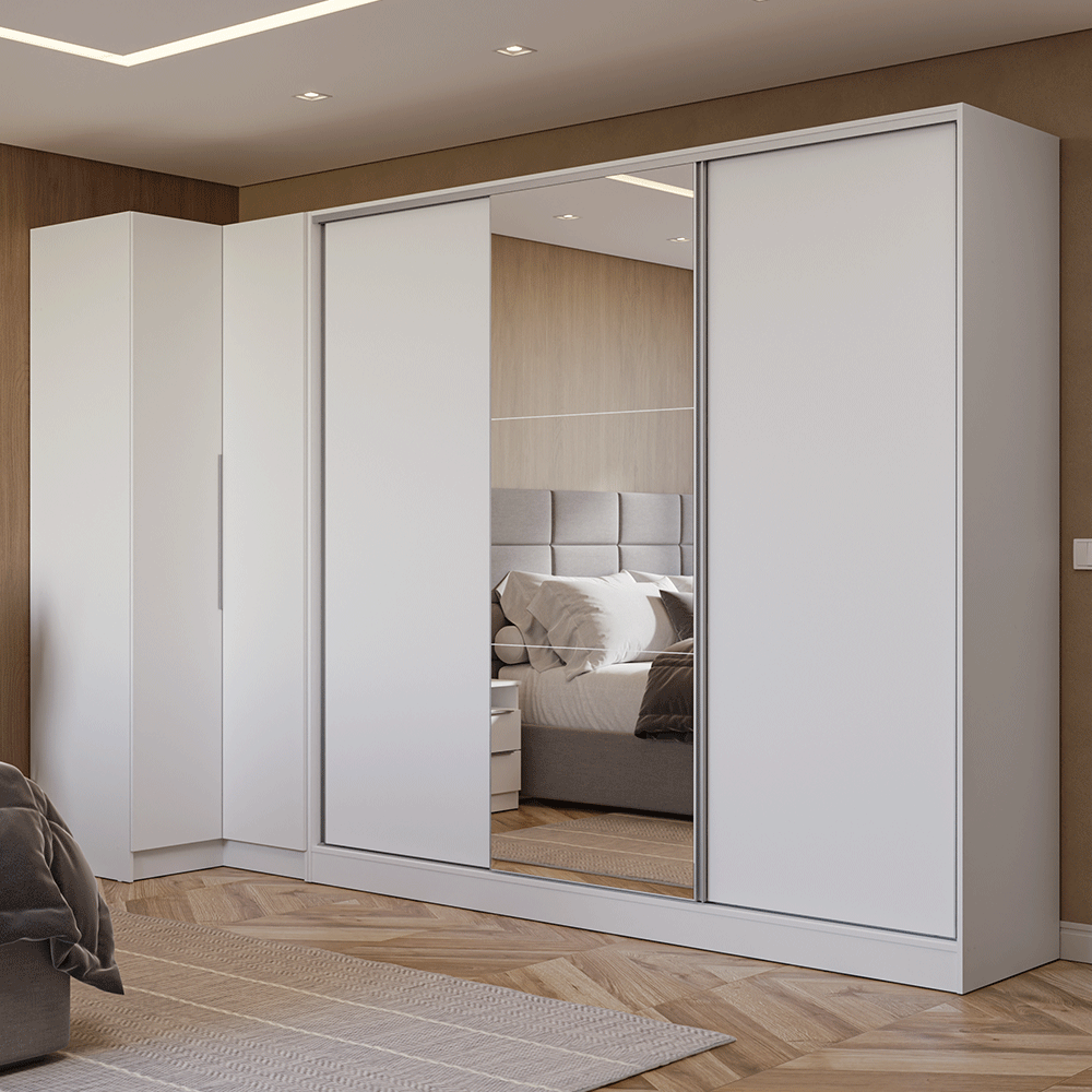 Kit Clóset Esquinero Modular y Clóset Matrimonial 3 Puertas Corredizas con 1 Espejo Blanco Neo Madesa