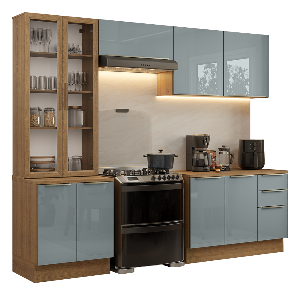 Cocina Integral 270 cm Con Vitrina Marrón/Gris Lux Madesa