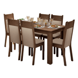 Juego de Comedor Madesa Jaíne Mesa de Madera + 6 Sillas Color Marrón/Crema Tapizadas en Tela Sintética Beige