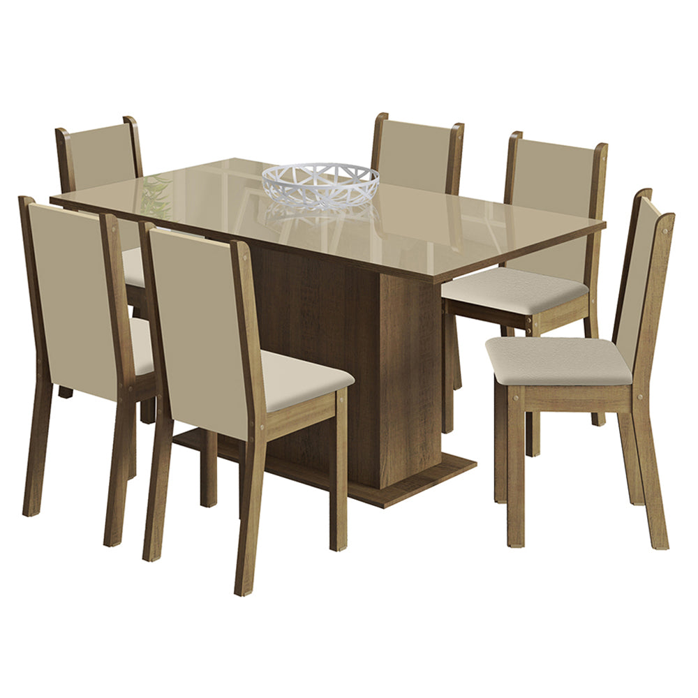 Comedor Moscú Plus Mesa Encimera de Vidrio con 6 Sillas Marrón/Crema/Sintético Beige