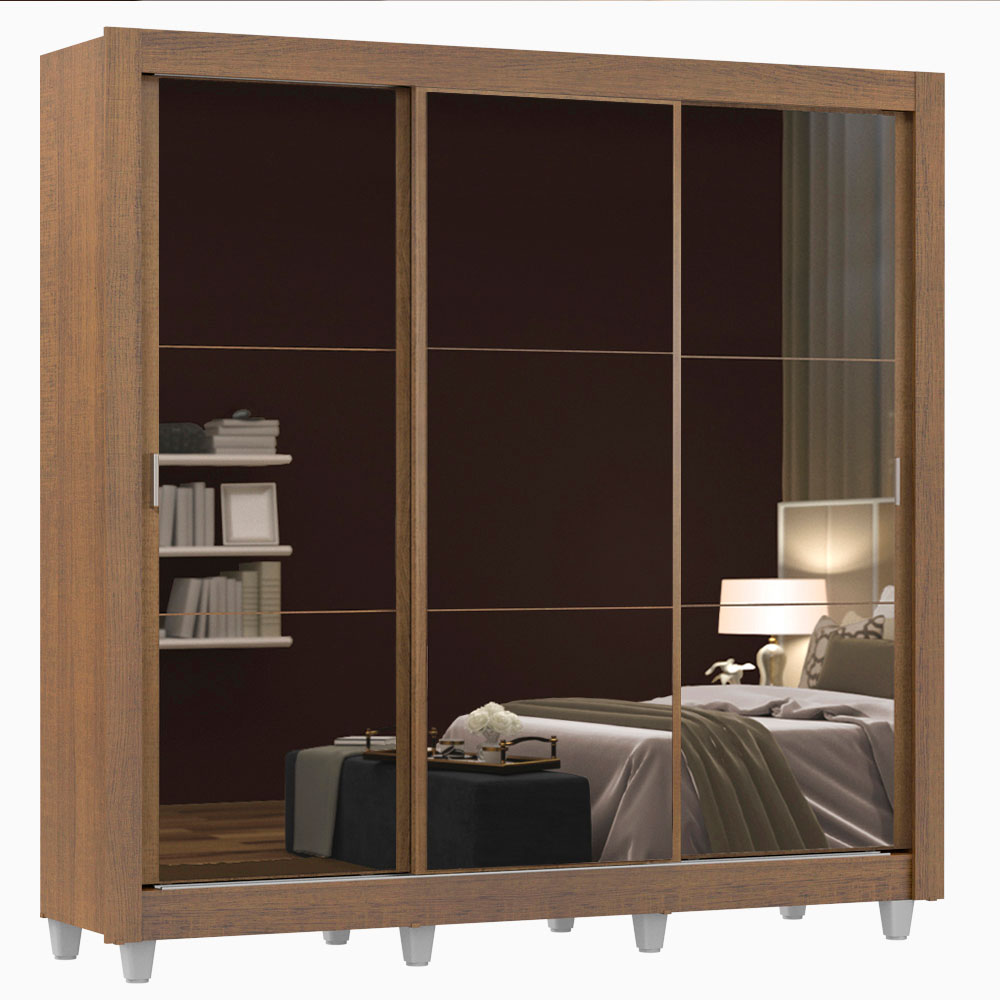 Clóset Matrimonial 170 cm 3 Puertas Corredizas Con 3 Espejos con Patas Marrón Monaco Madesa