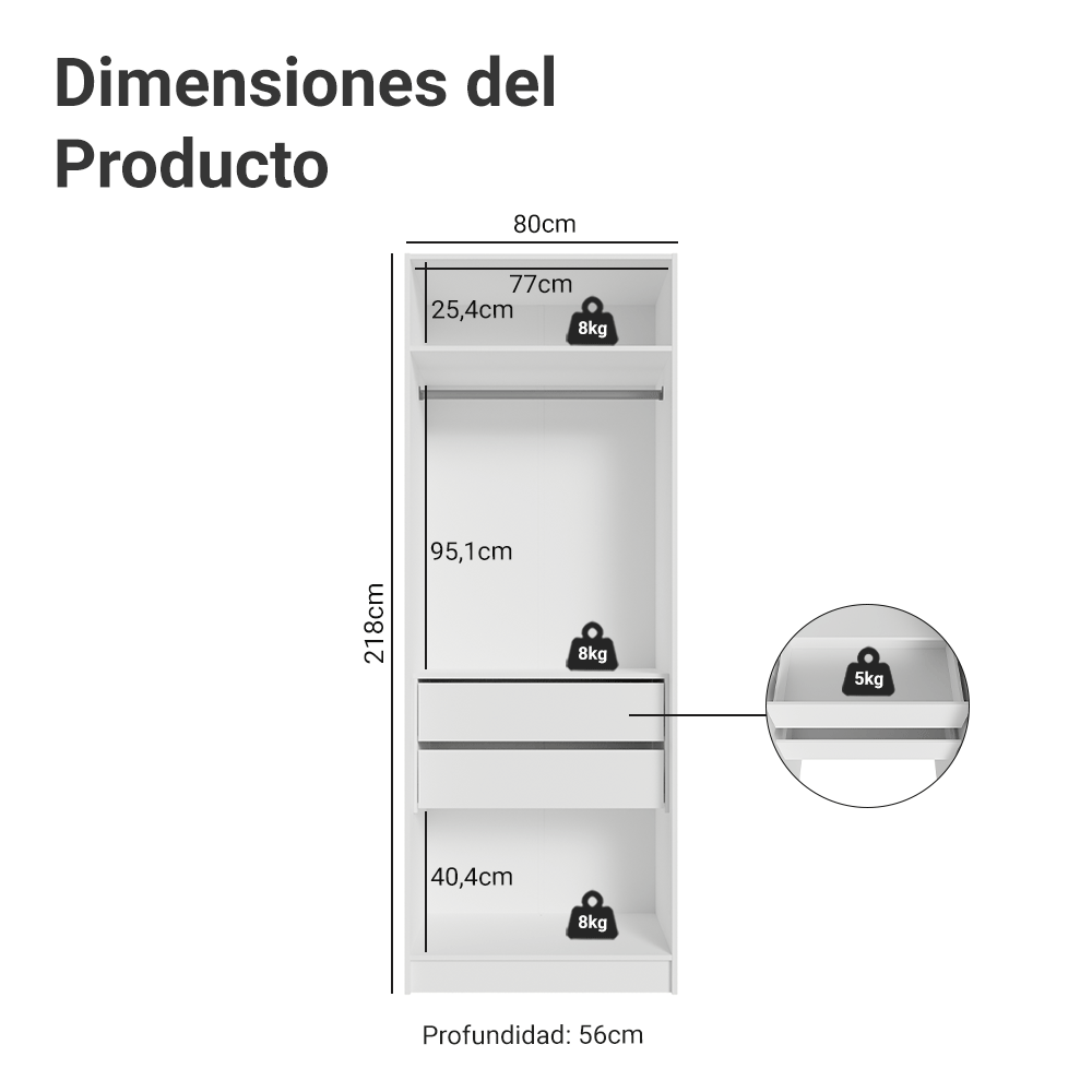 Clóset Modular 80 cm 2 Puertas 2 Cajones Blanco Neo Madesa