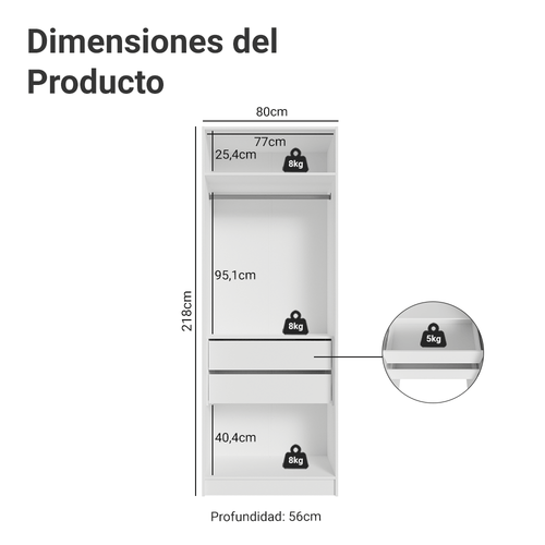 Clóset Modular 80 cm 2 Puertas 2 Cajones Blanco Neo Madesa