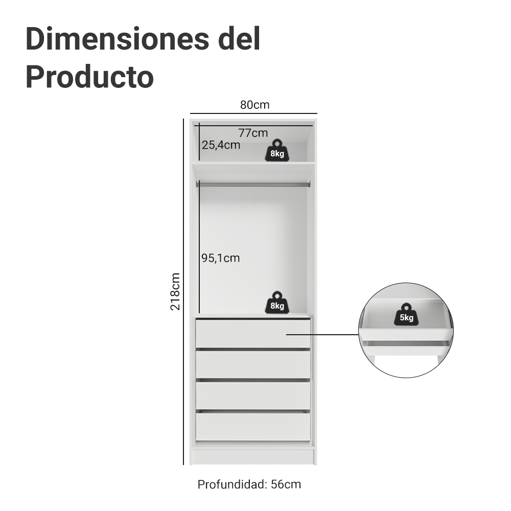 Clóset Modular 80 cm 2 Puertas 4 Cajones Blanco Neo Madesa