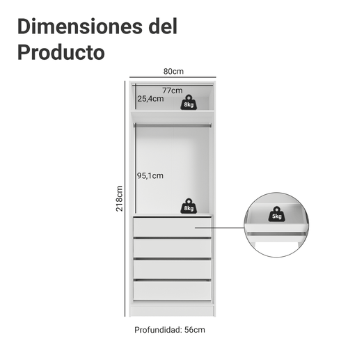 Clóset Modular 80 cm 2 Puertas 4 Cajones Blanco Neo Madesa