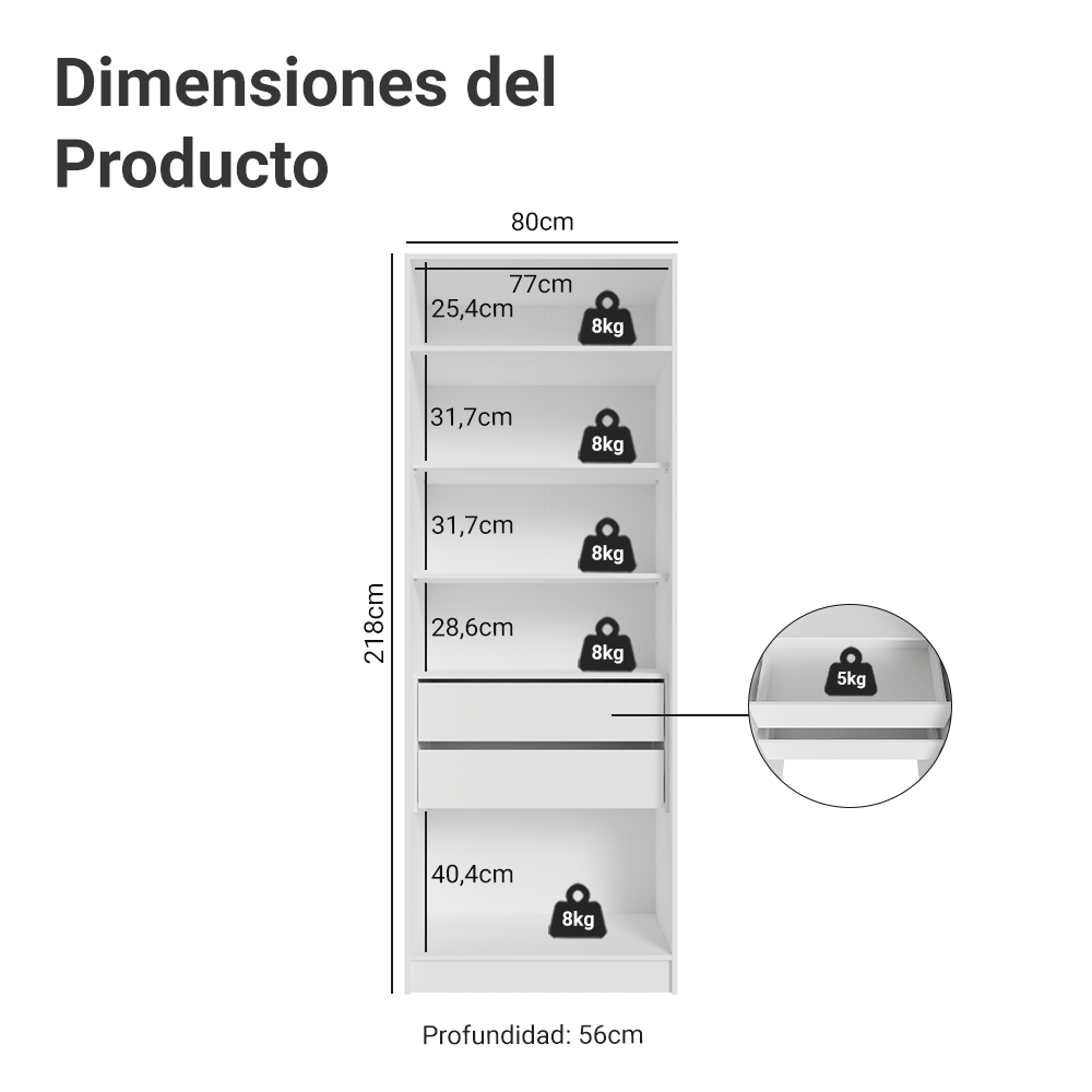 Clóset Modular 80 cm 2 Puertas 2 Cajones Blanco Neo Madesa