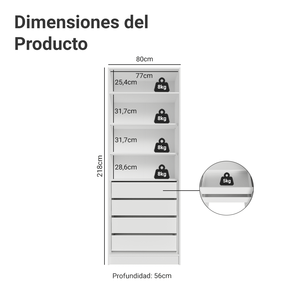 Clóset Modular 80 cm 2 Puertas 4 Cajones Blanco Neo Madesa