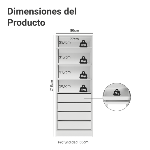 Clóset Modular 80 cm 2 Puertas 4 Cajones Blanco Neo Madesa
