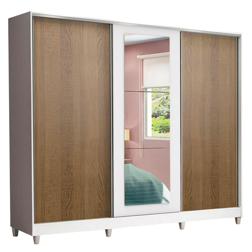 Clóset Matrimonial 100% MDF Eros 3 Puertas Correderas con Espejo con Patas Blanco/Marrón/Blanco